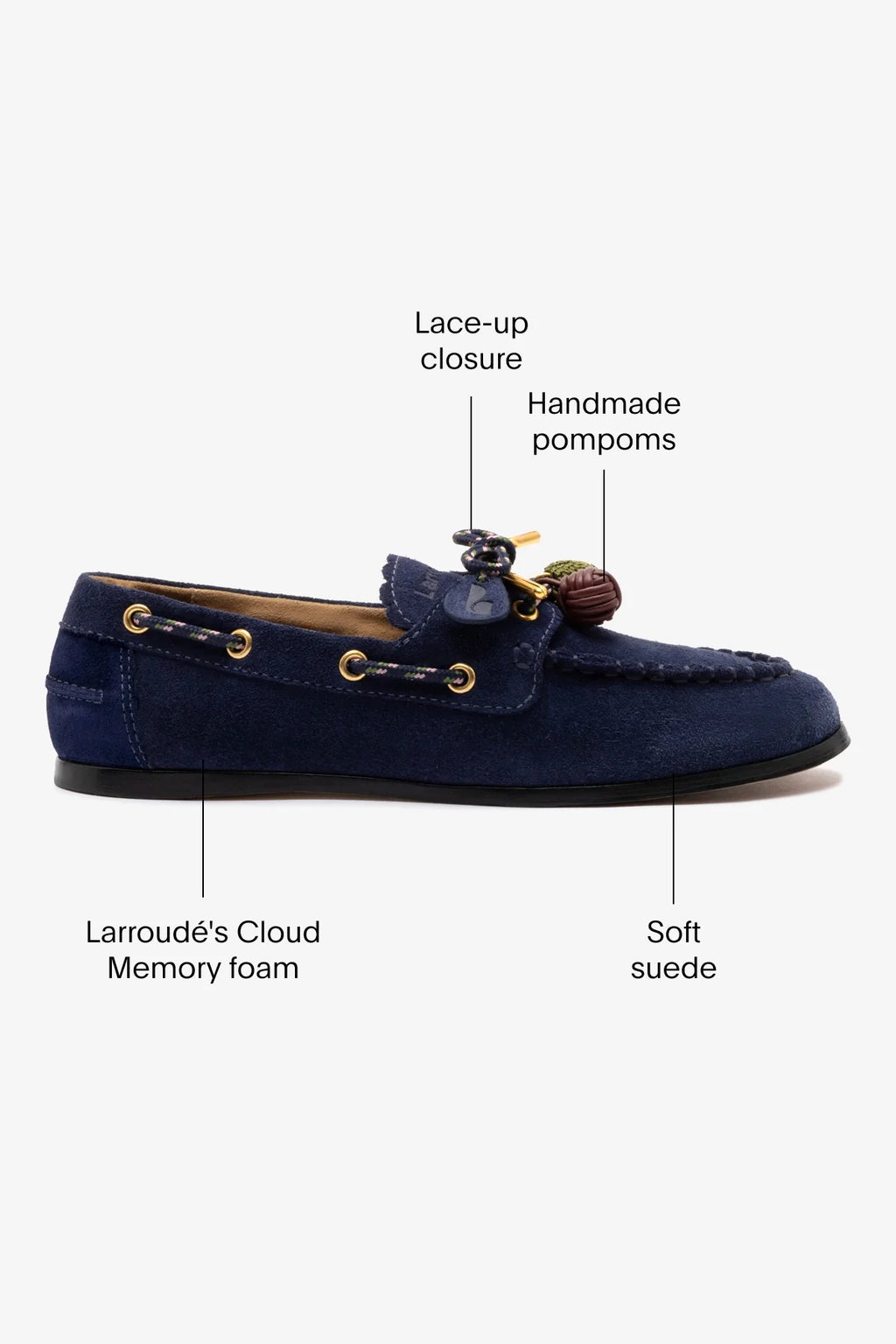 Navy Suede Boat Shoe with Pompom Laces