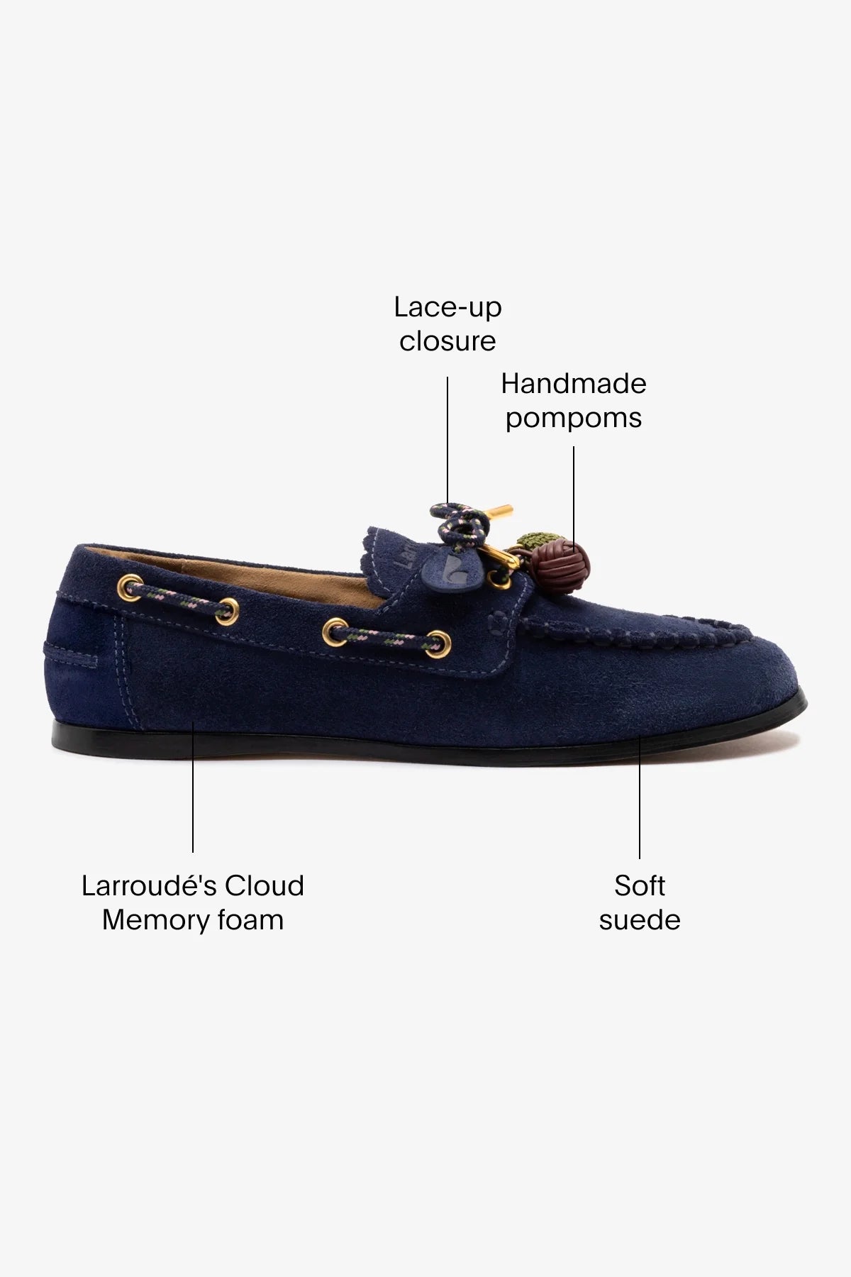 Navy Suede Boat Shoe with Pompom Laces