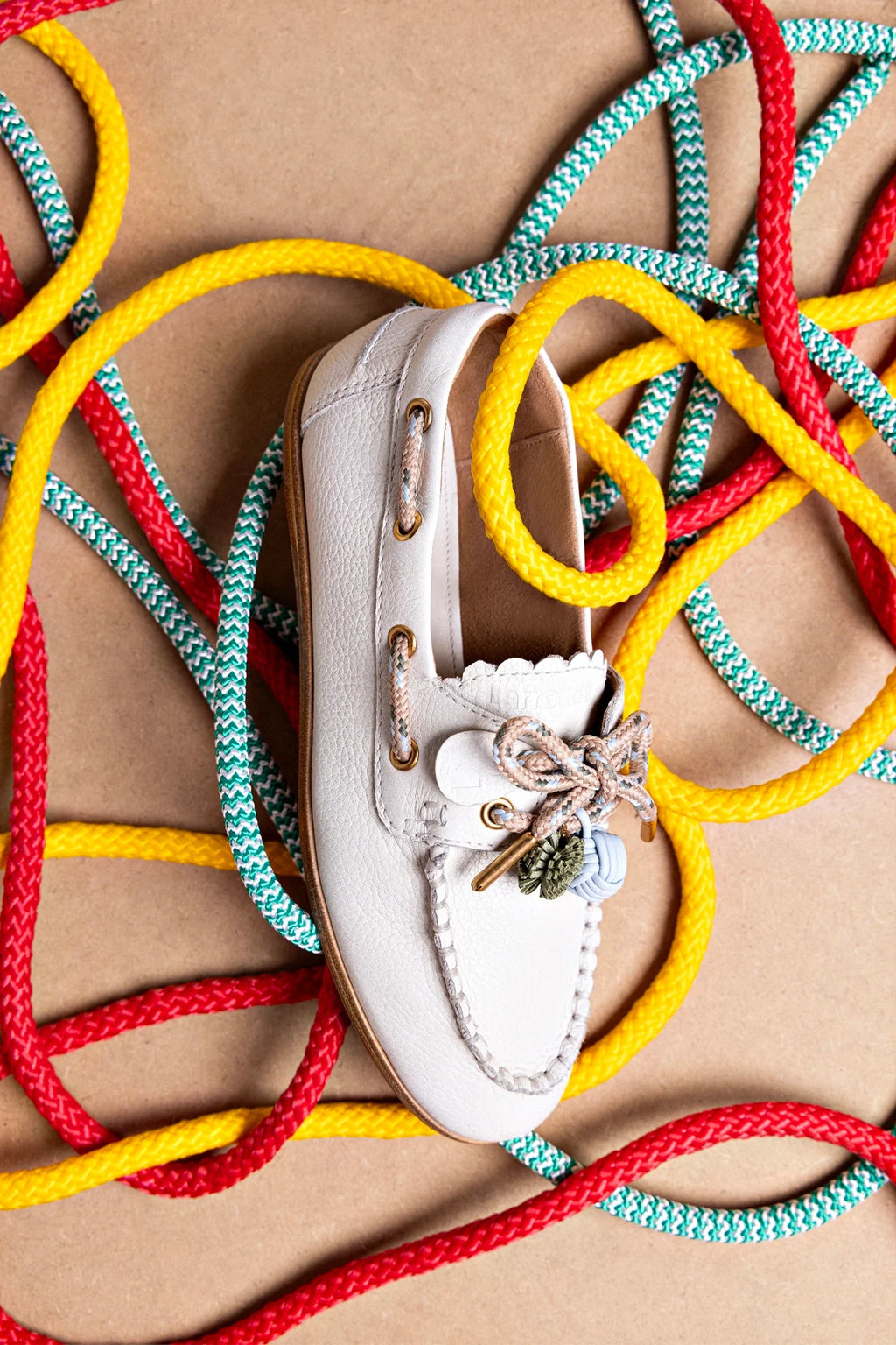 Ivory Leather Boat Shoe with Pompom Laces