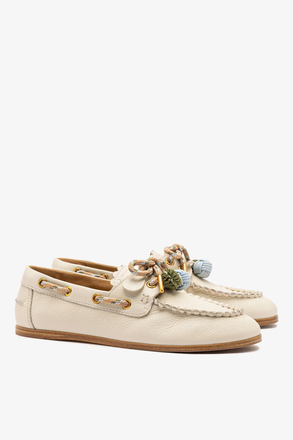 Ivory Leather Boat Shoe with Pompom Laces