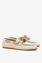Ivory Leather Boat Shoe with Pompom Laces