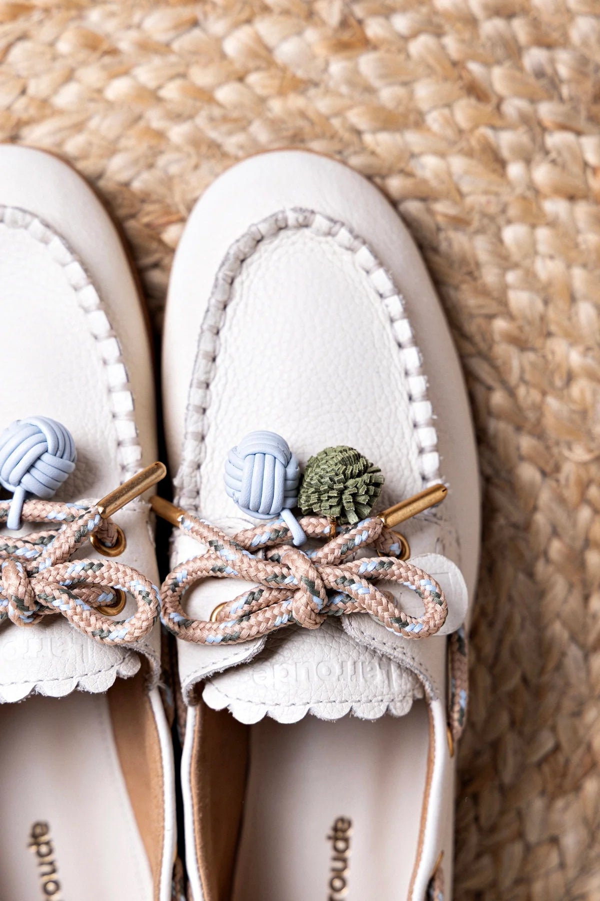 Ivory Leather Boat Shoe with Pompom Laces