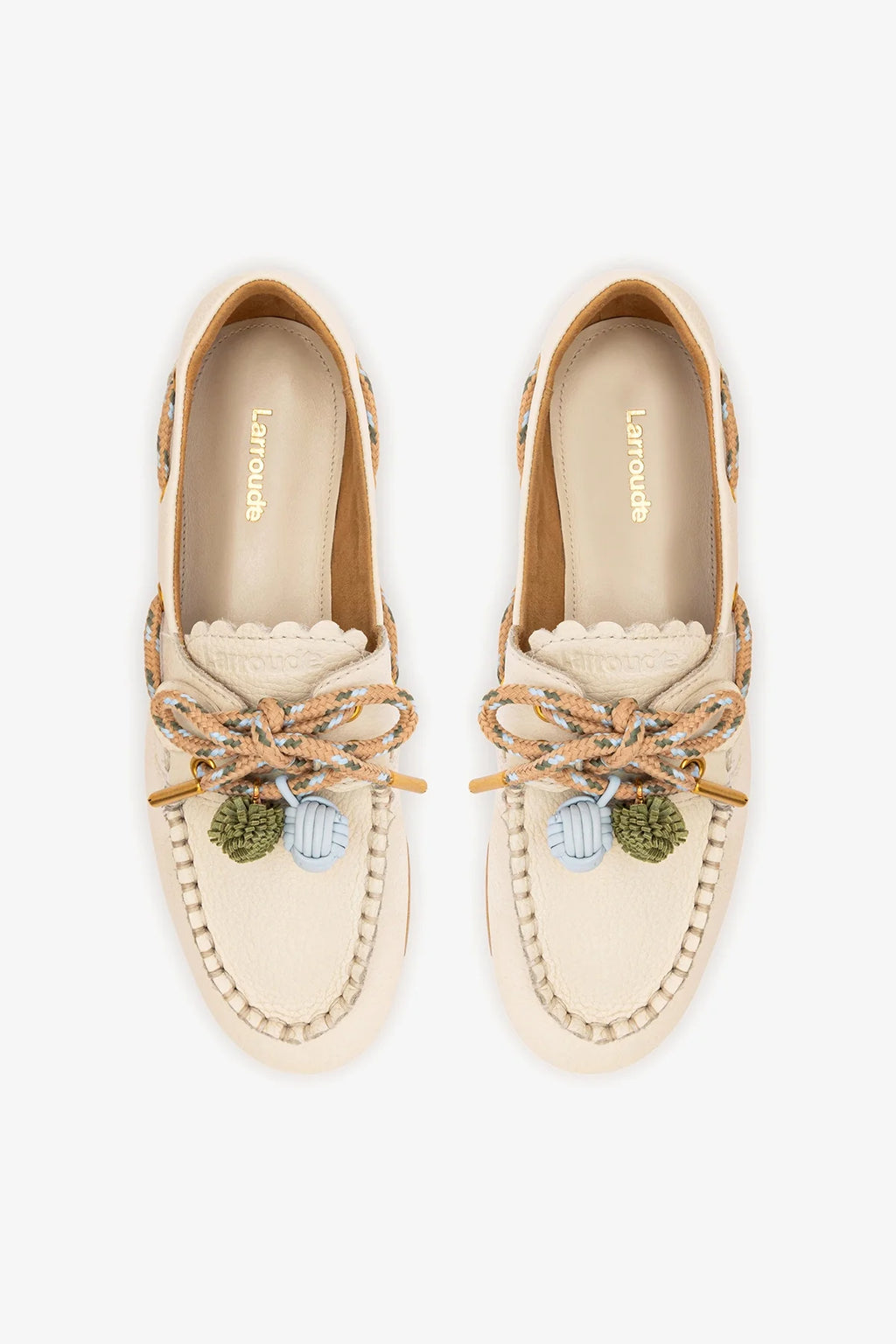 Ivory Leather Boat Shoe with Pompom Laces