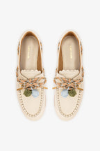 Ivory Leather Boat Shoe with Pompom Laces