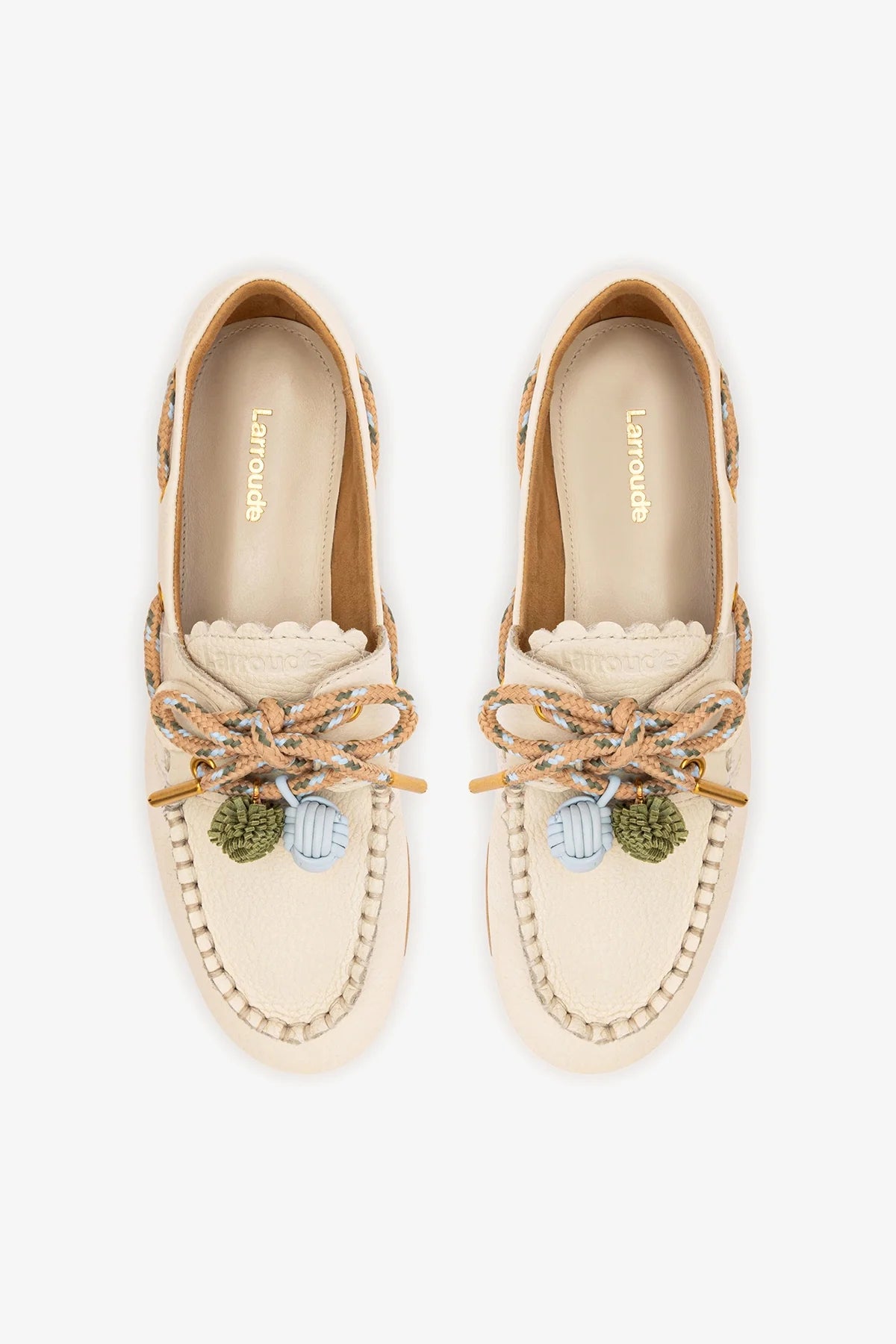 Ivory Leather Boat Shoe with Pompom Laces