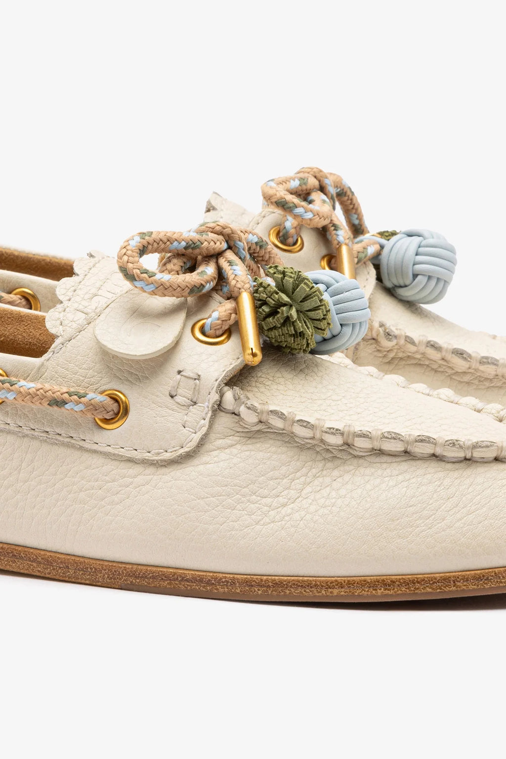 Ivory Leather Boat Shoe with Pompom Laces