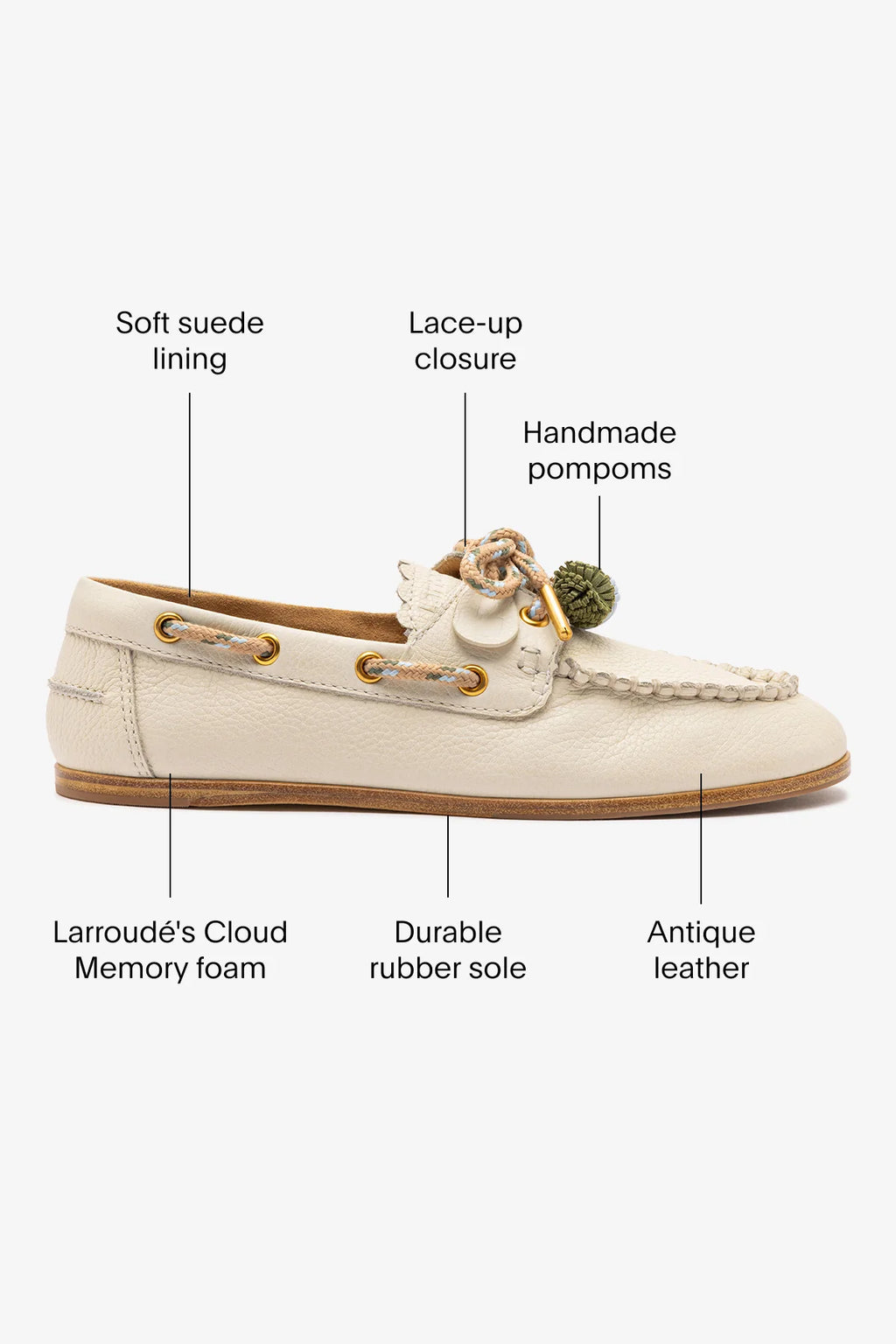Ivory Leather Boat Shoe with Pompom Laces