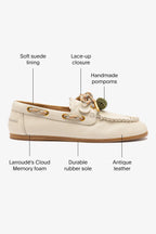 Ivory Leather Boat Shoe with Pompom Laces