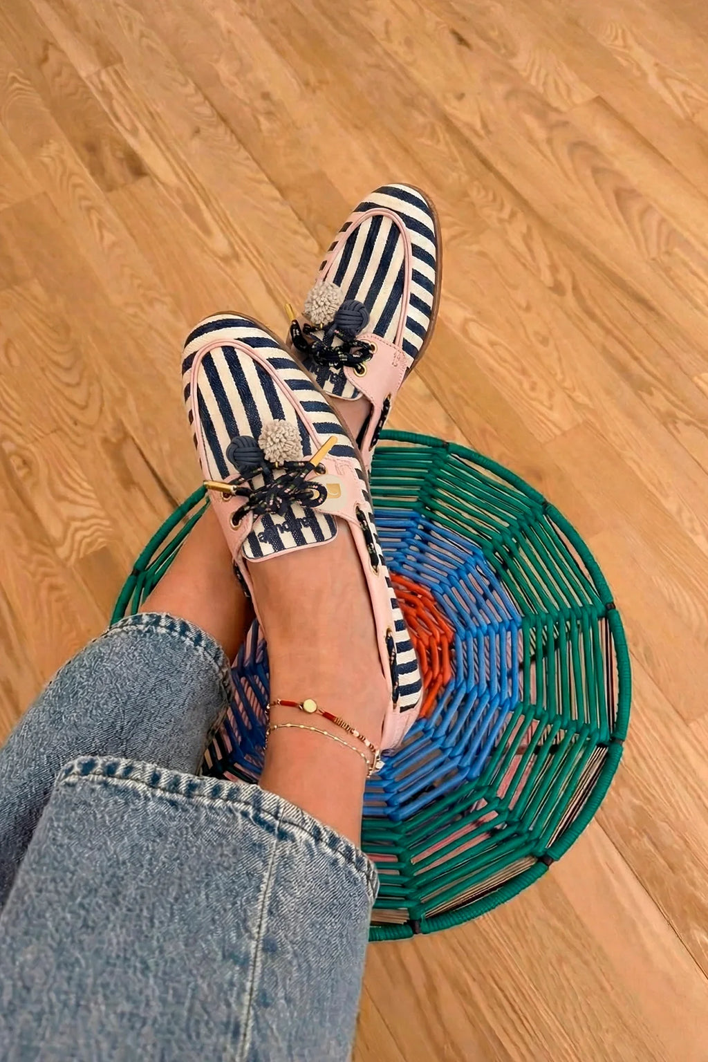 Navy, Ivory and Pink Striped Canvas Boat Shoe