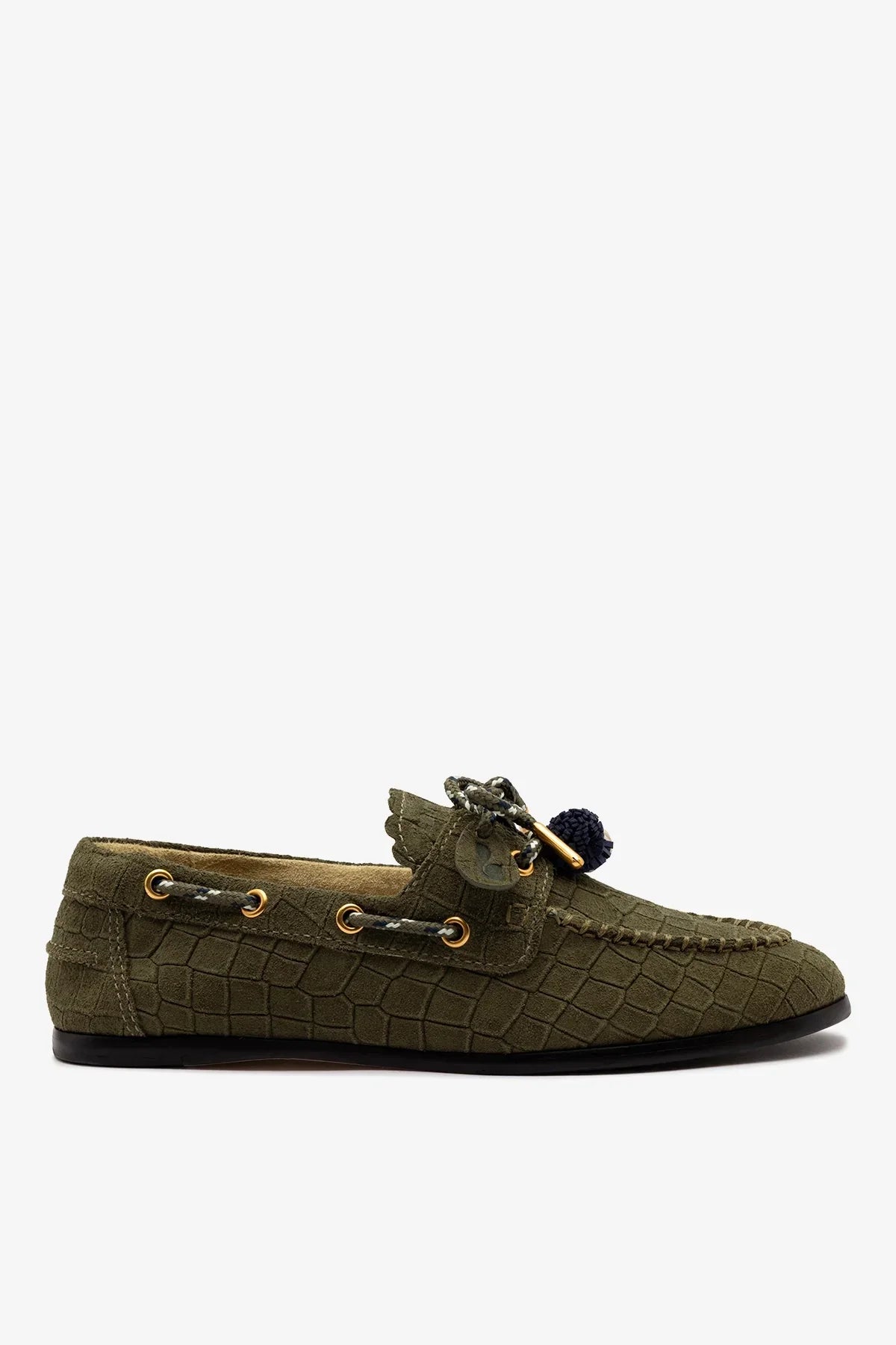 Olive Croco-Embossed Suede Boat Shoe
