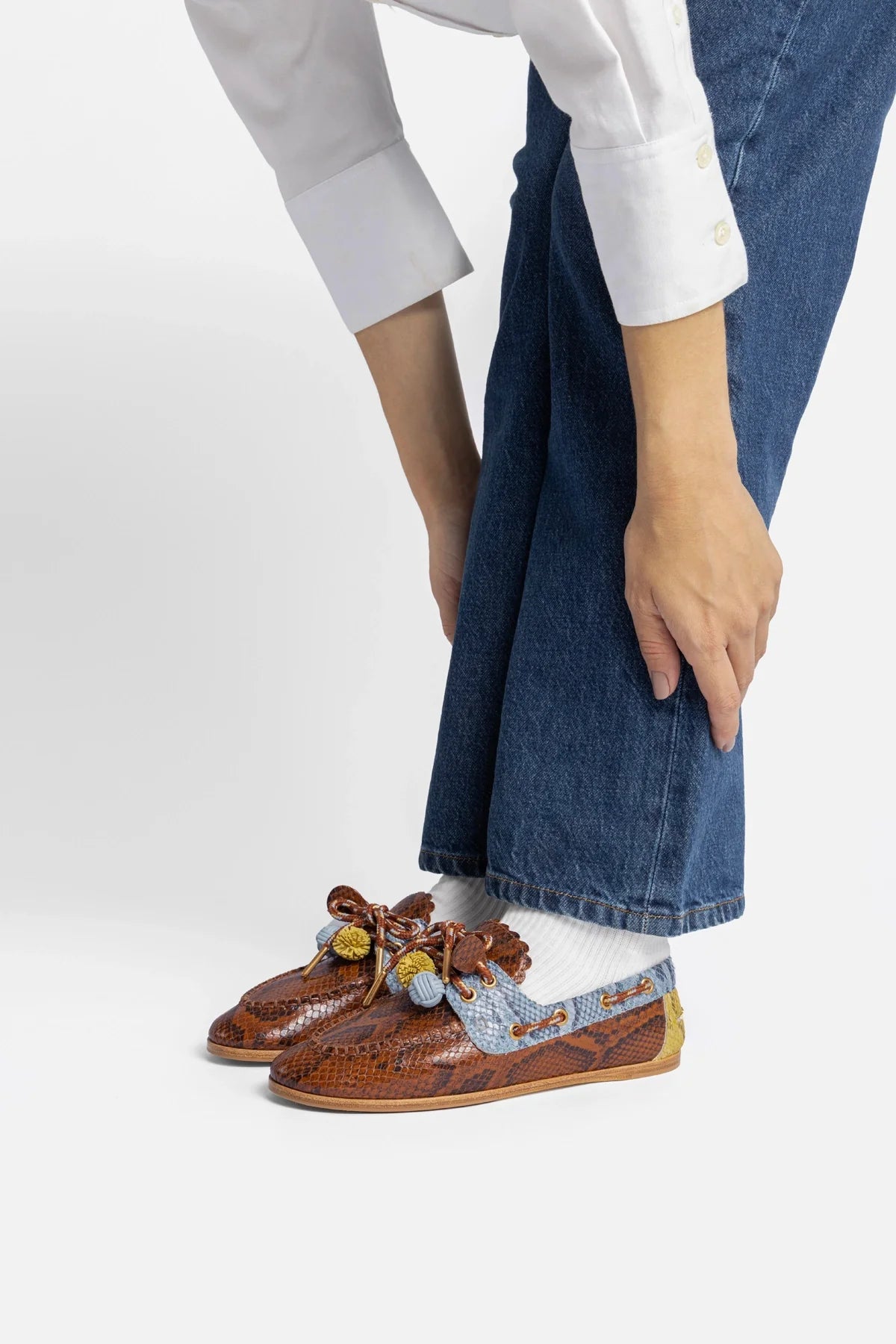 Dark Brown, Blue and Yellow Python Embossed Leather Boat Shoe
