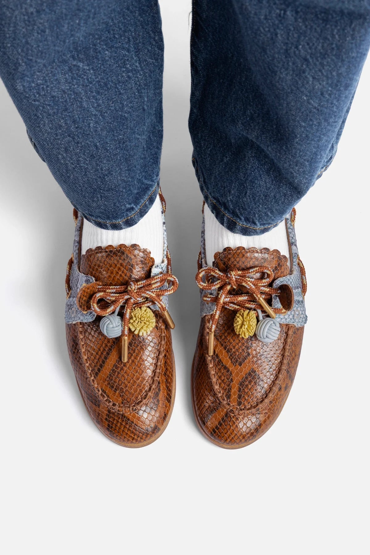 Dark Brown, Blue and Yellow Python Embossed Leather Boat Shoe