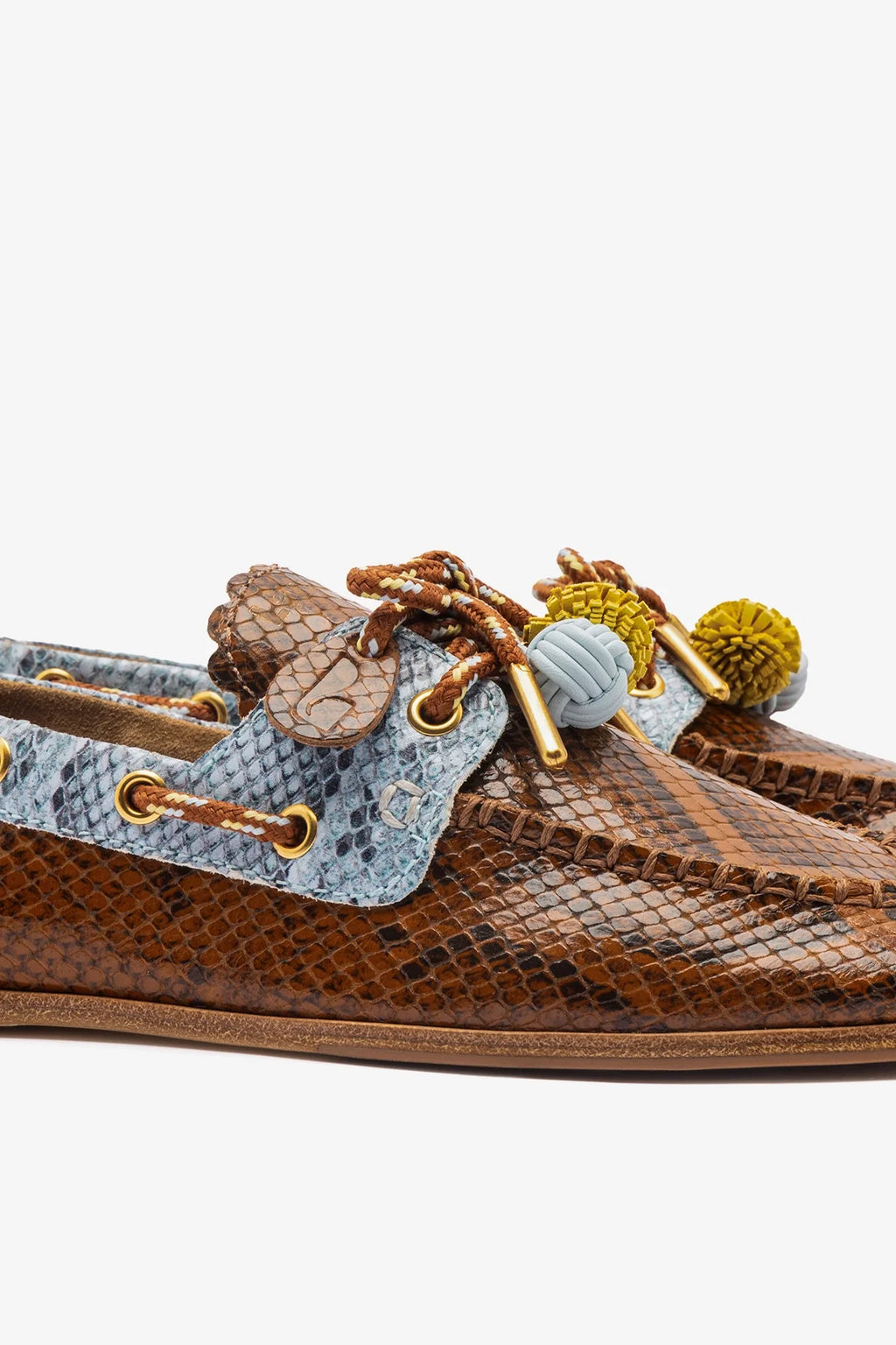 Dark Brown, Blue and Yellow Python Embossed Leather Boat Shoe