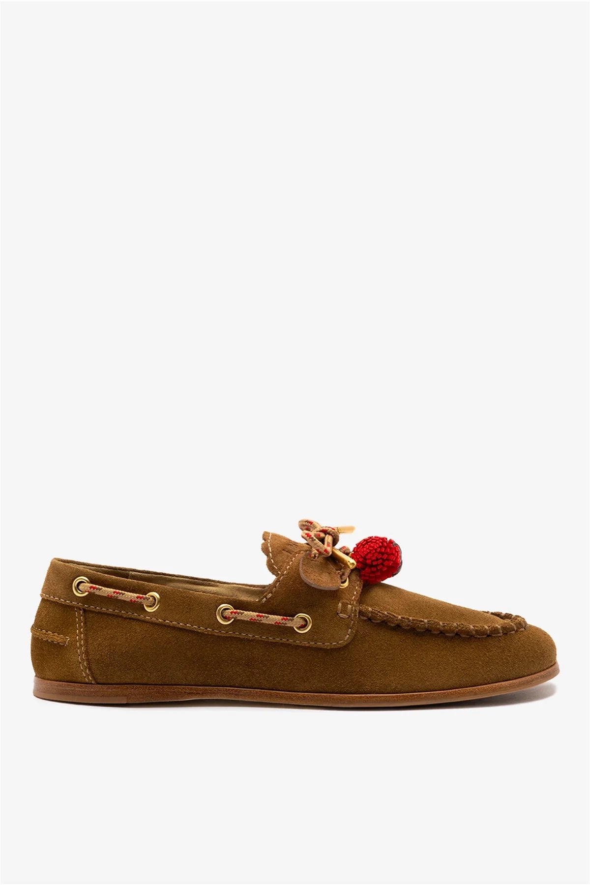Russet Suede Boat Shoe with Pompom Laces