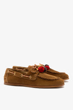 Russet Suede Boat Shoe with Pompom Laces
