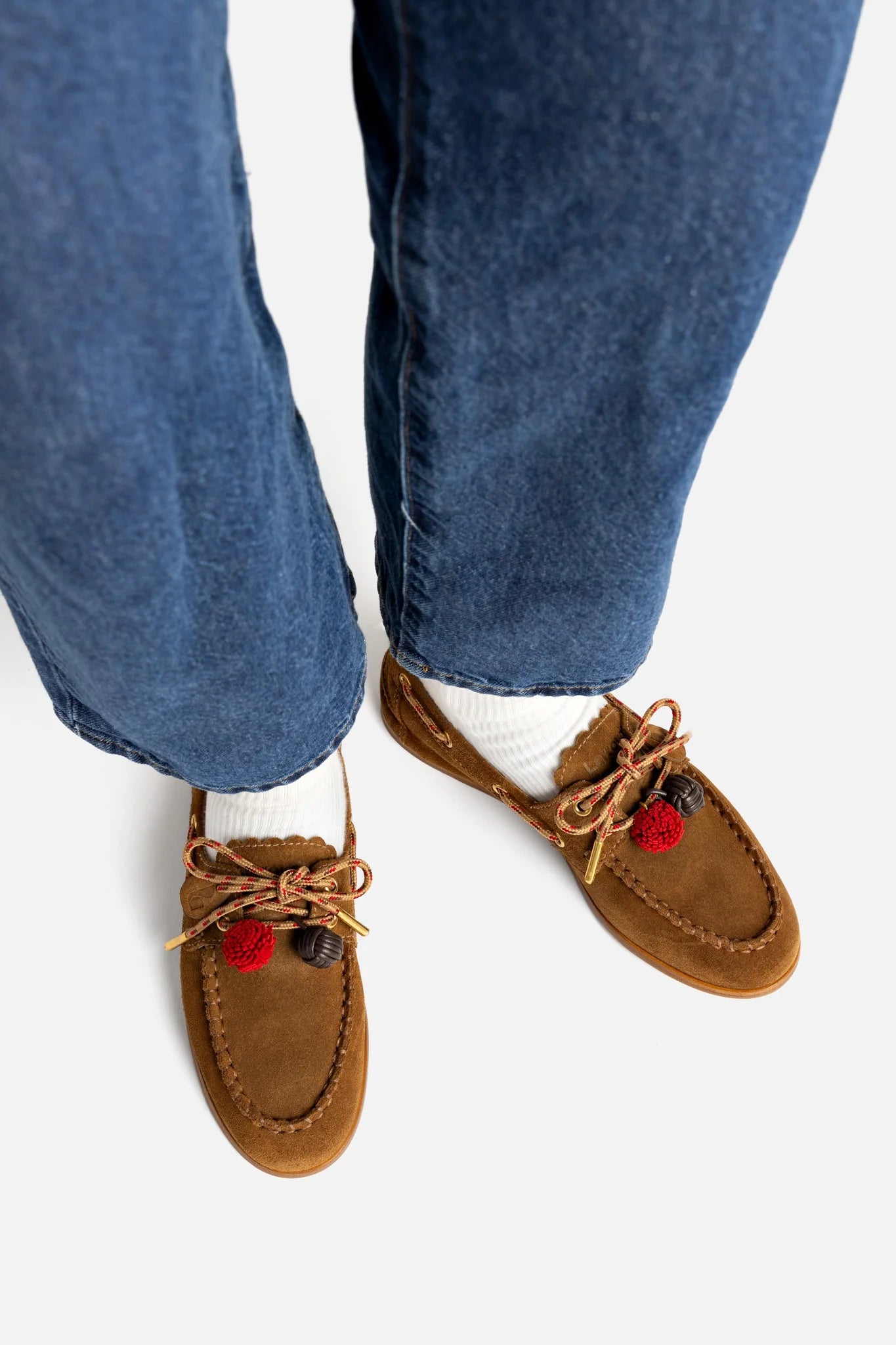 Russet Suede Boat Shoe with Pompom Laces