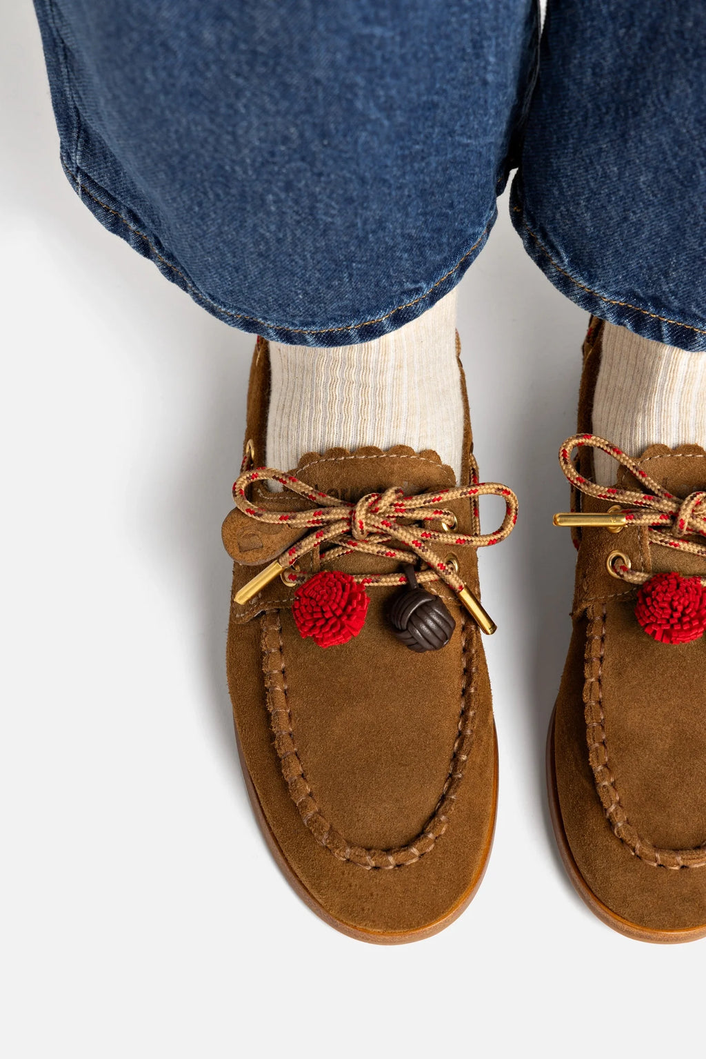 Russet Suede Boat Shoe with Pompom Laces