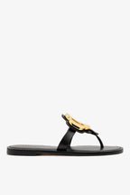 Black Leather Thong Sandal with Gold Hardware