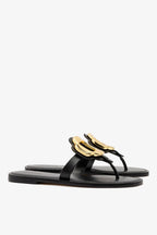 Black Leather Thong Sandal with Gold Hardware