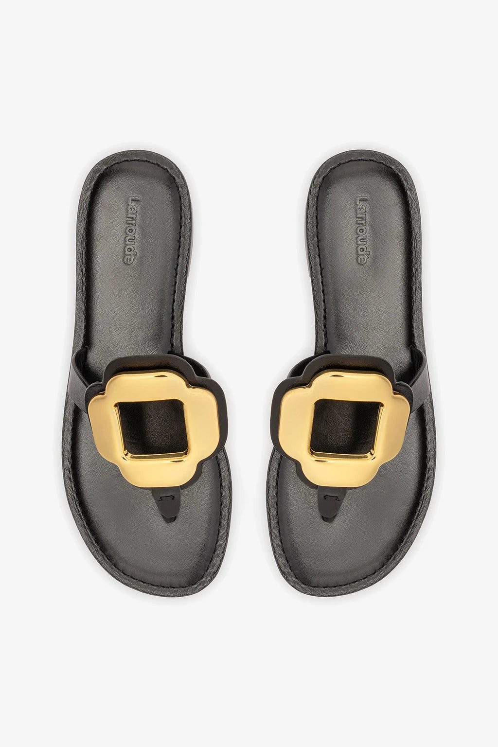 Black Leather Thong Sandal with Gold Hardware