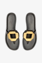 Black Leather Thong Sandal with Gold Hardware