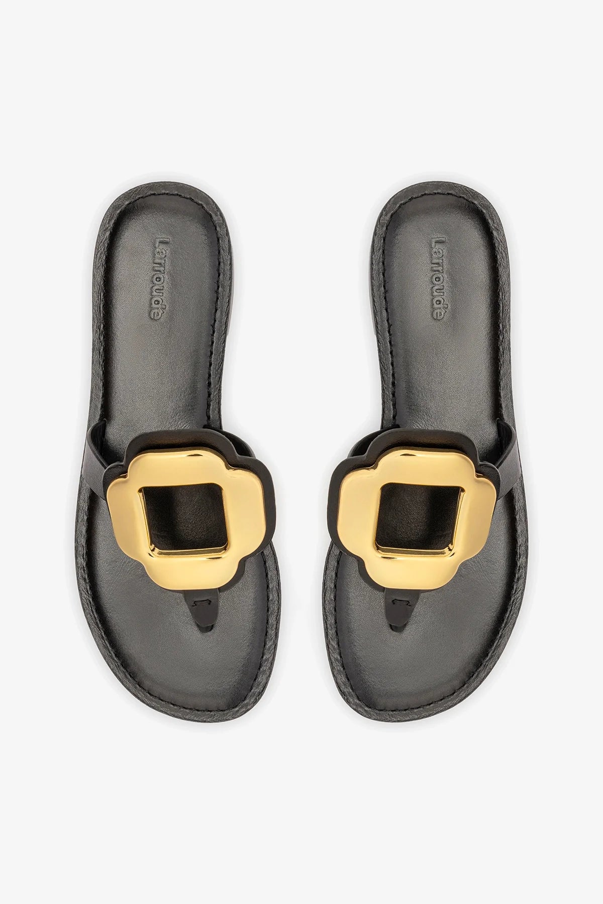 Black Leather Thong Sandal with Gold Hardware