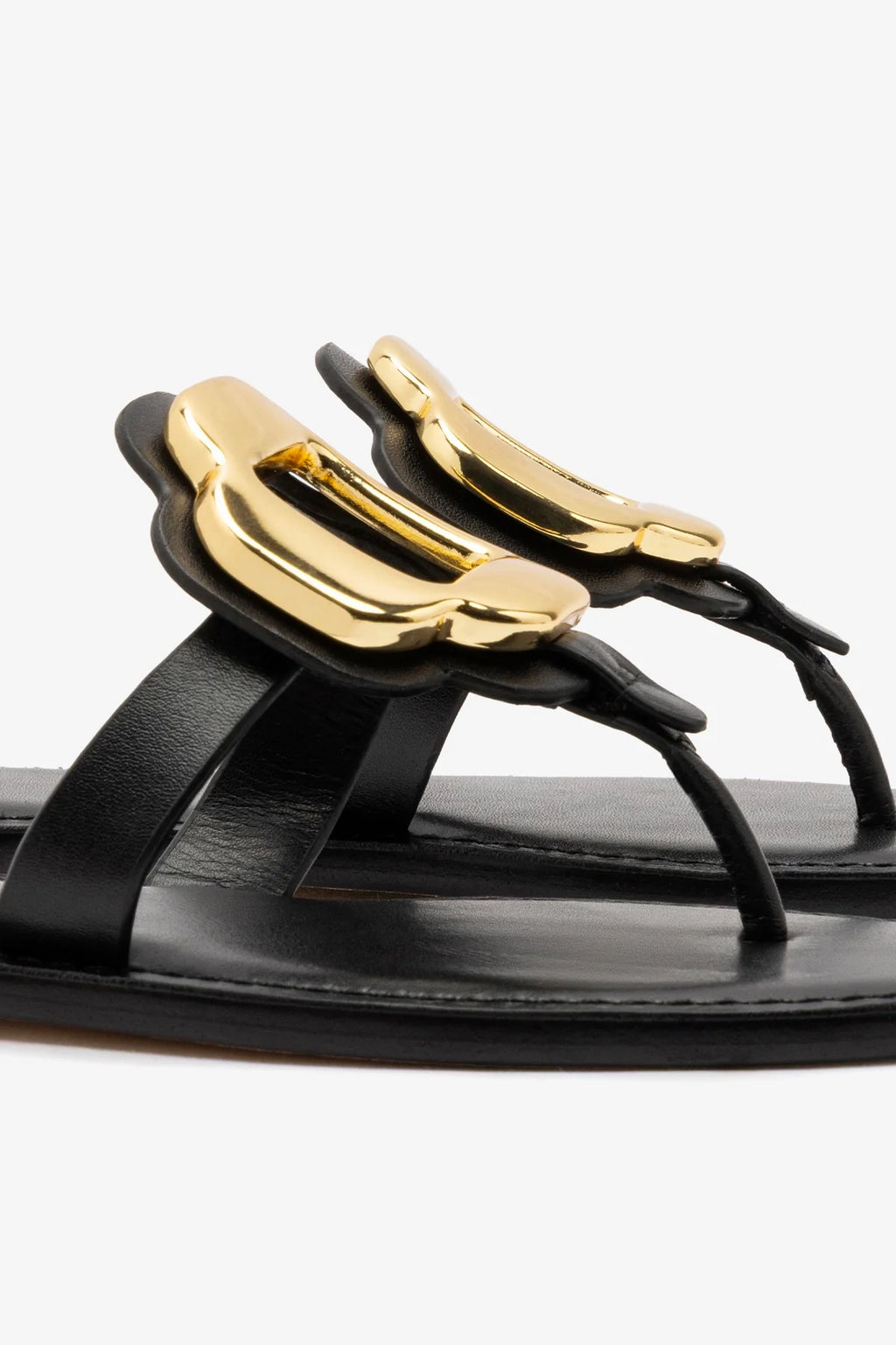 Black Leather Thong Sandal with Gold Hardware