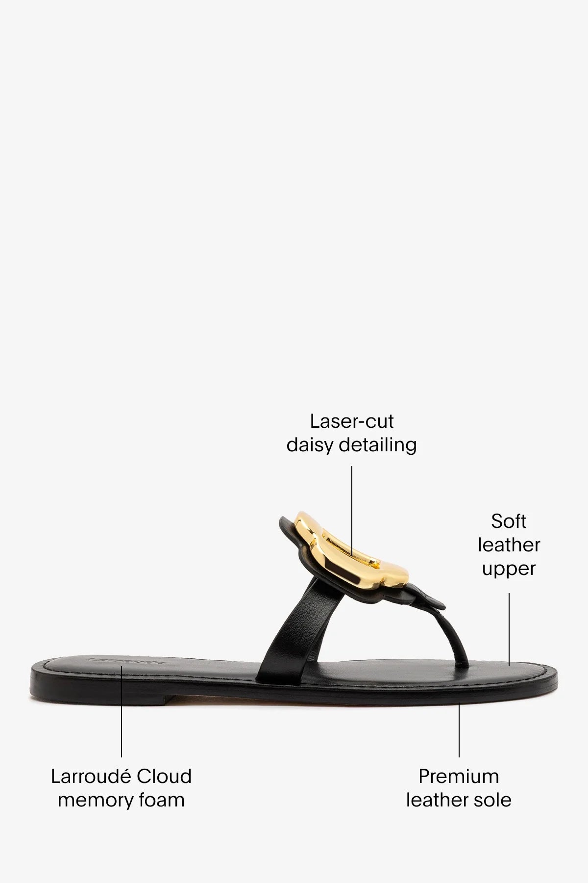 Black Leather Thong Sandal with Gold Hardware