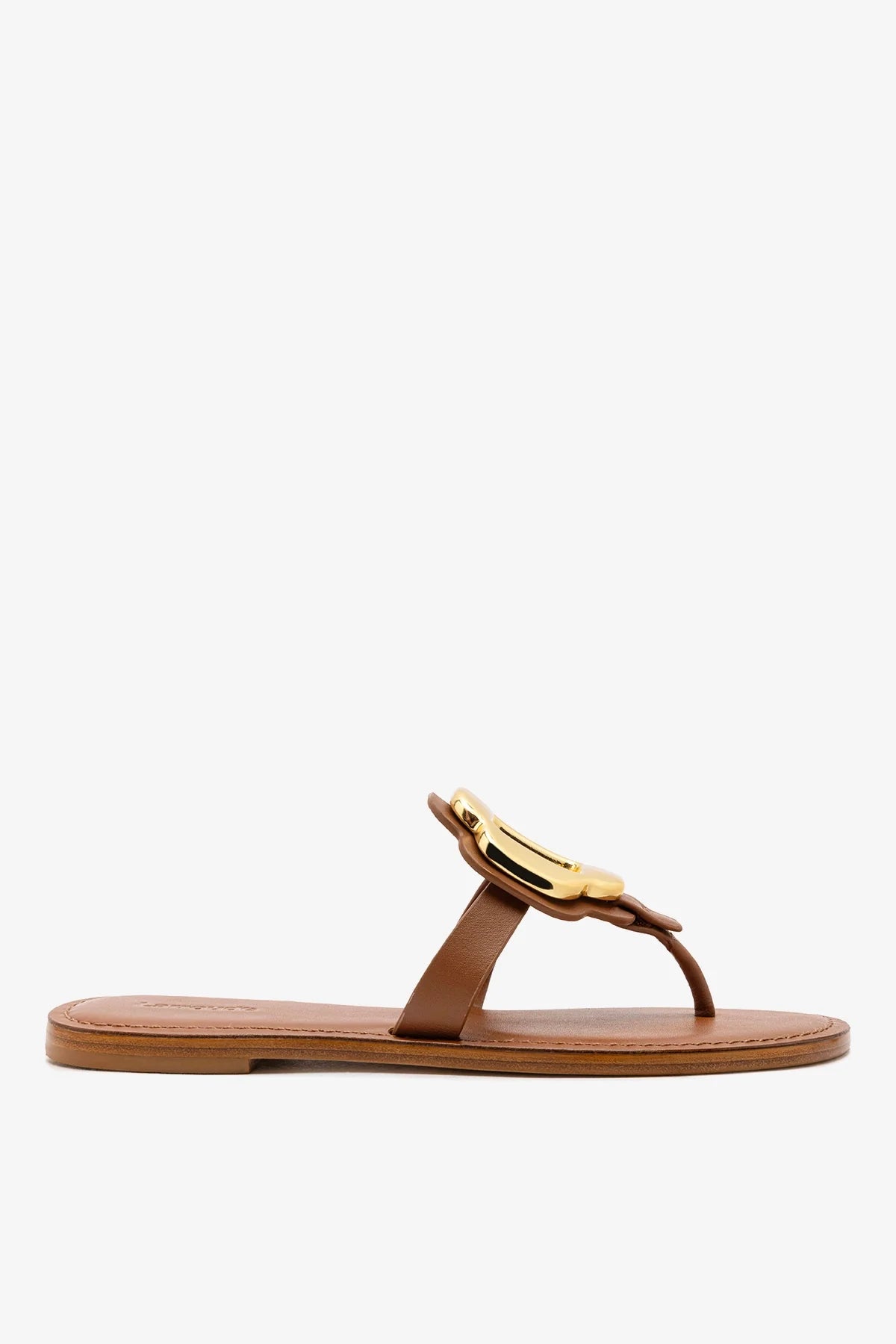 Caramel Leather Thong Sandal with Gold Hardware