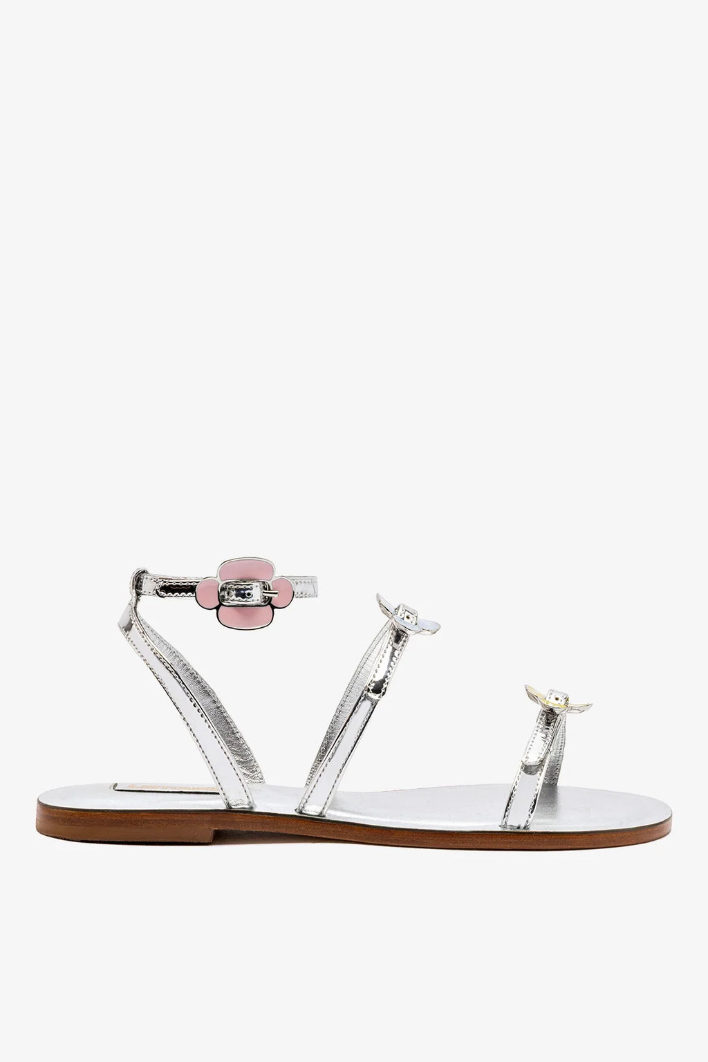 Silver Mirror Flat Sandal with Floral Buckle Detail