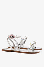 Silver Mirror Flat Sandal with Floral Buckle Detail