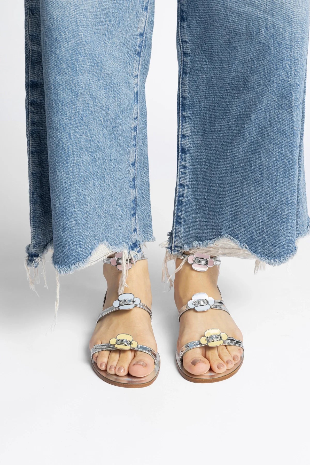 Silver Mirror Flat Sandal with Floral Buckle Detail