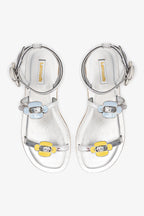 Silver Mirror Flat Sandal with Floral Buckle Detail