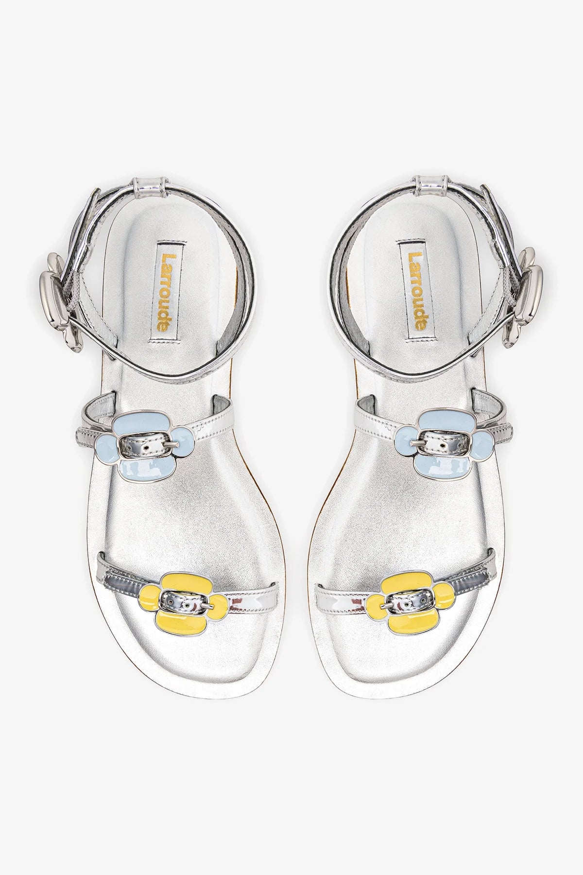 Silver Mirror Flat Sandal with Floral Buckle Detail