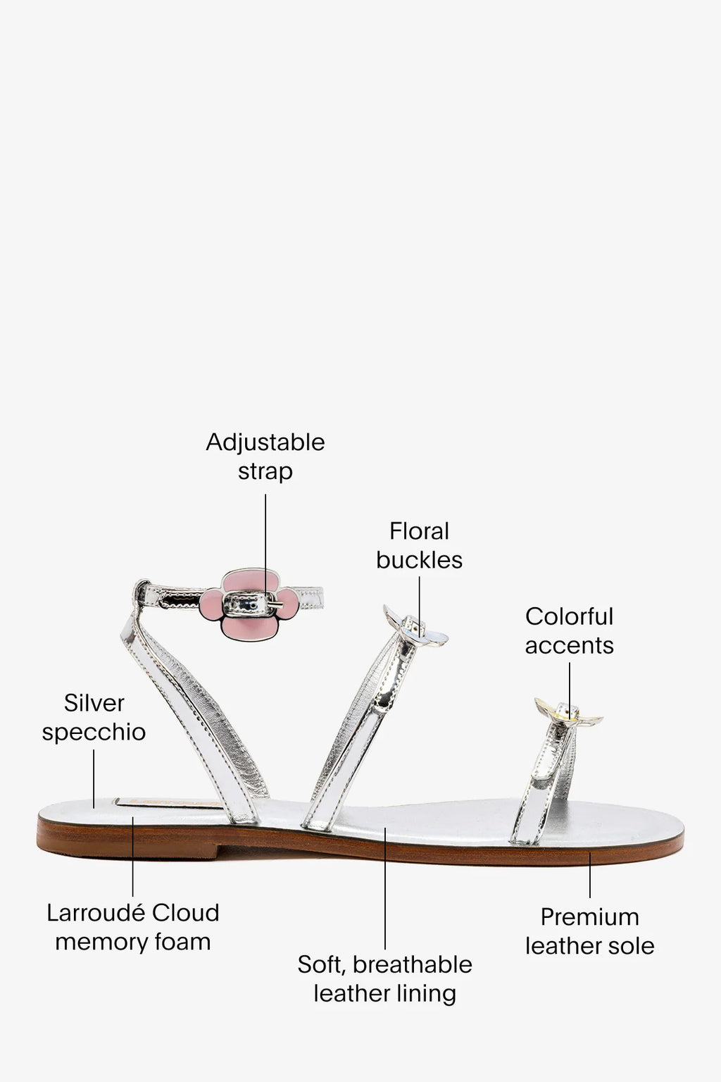 Silver Mirror Flat Sandal with Floral Buckle Detail