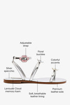 Silver Mirror Flat Sandal with Floral Buckle Detail