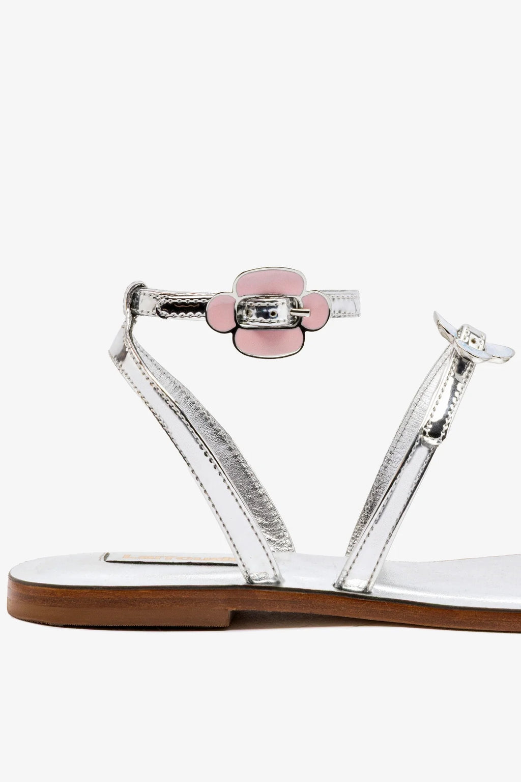 Silver Mirror Flat Sandal with Floral Buckle Detail