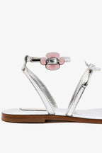 Silver Mirror Flat Sandal with Floral Buckle Detail