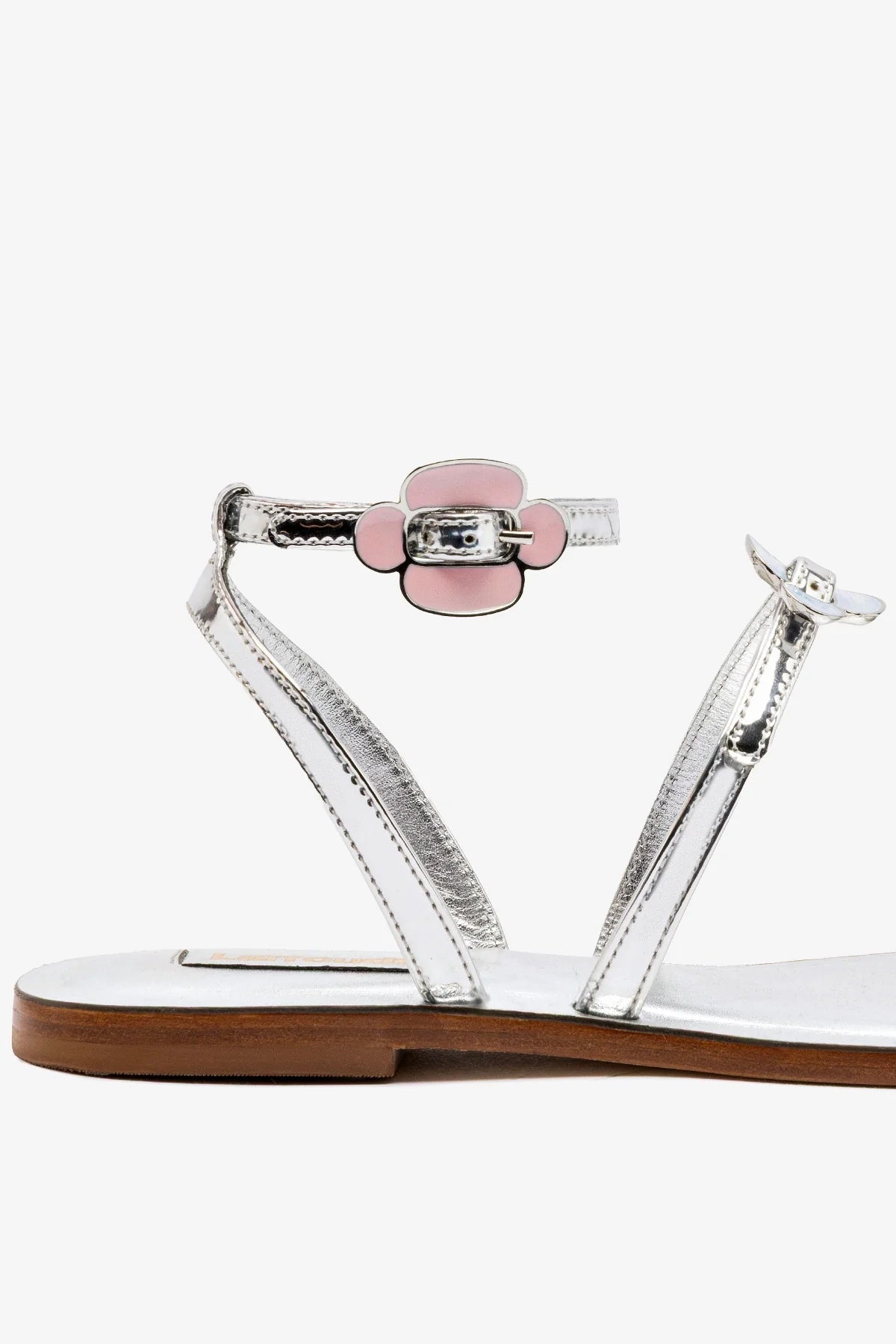 Silver Mirror Flat Sandal with Floral Buckle Detail