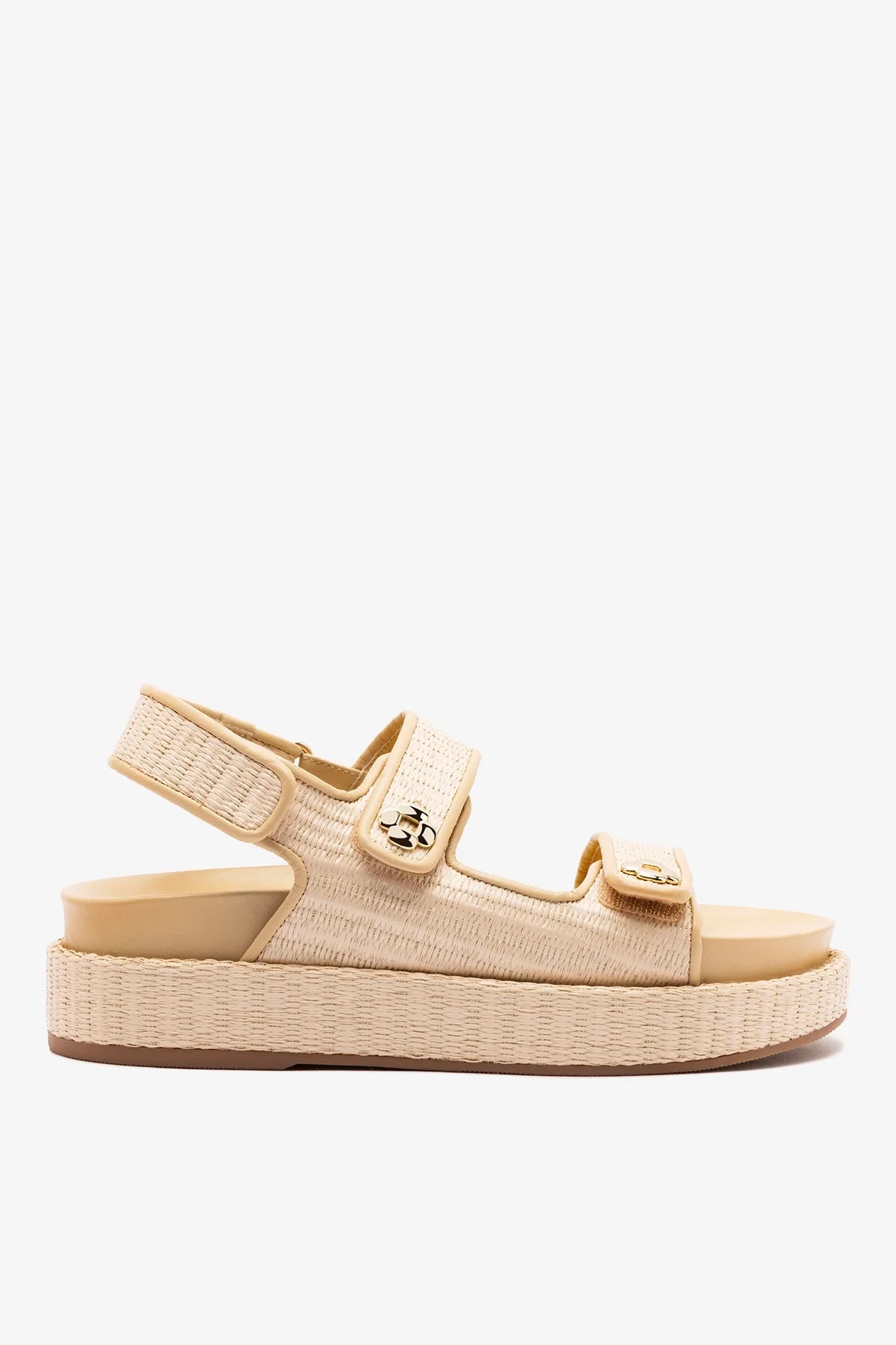 Natural Raffia and Beige Leather Platform Sandal