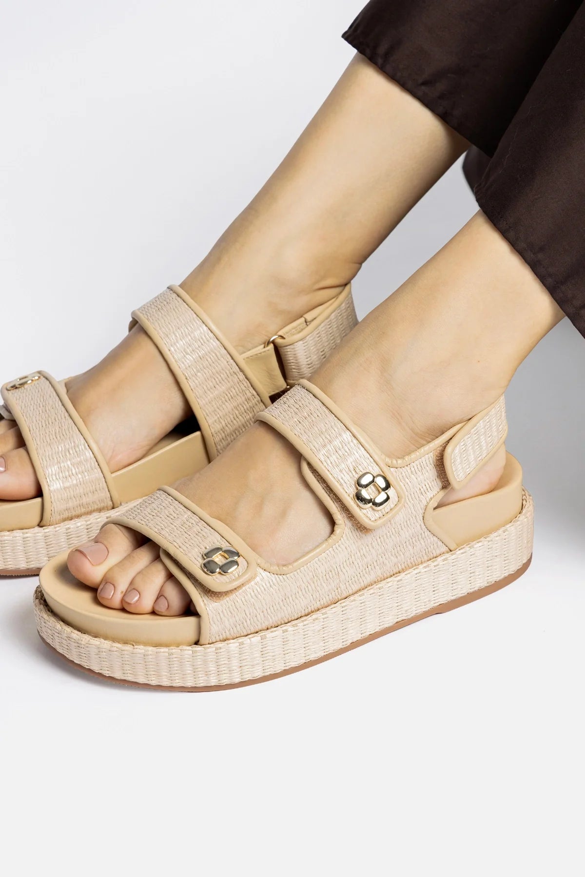 Natural Raffia and Beige Leather Platform Sandal