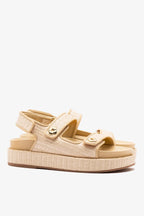 Natural Raffia and Beige Leather Platform Sandal