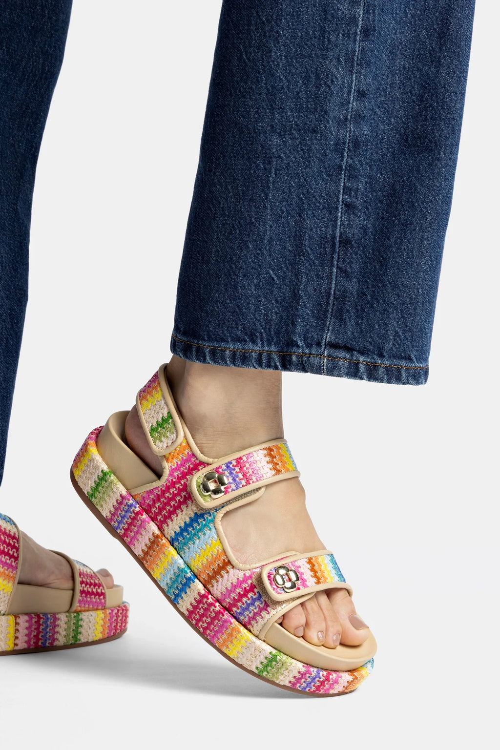 Rainbow Raffia and Beige Leather Platform Sandal
