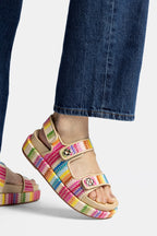 Rainbow Raffia and Beige Leather Platform Sandal