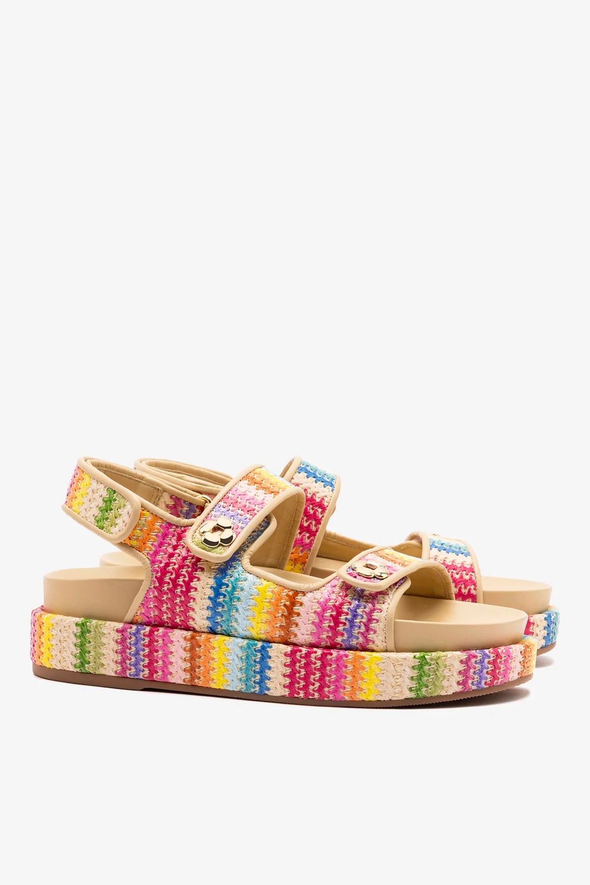 Rainbow Raffia and Beige Leather Platform Sandal