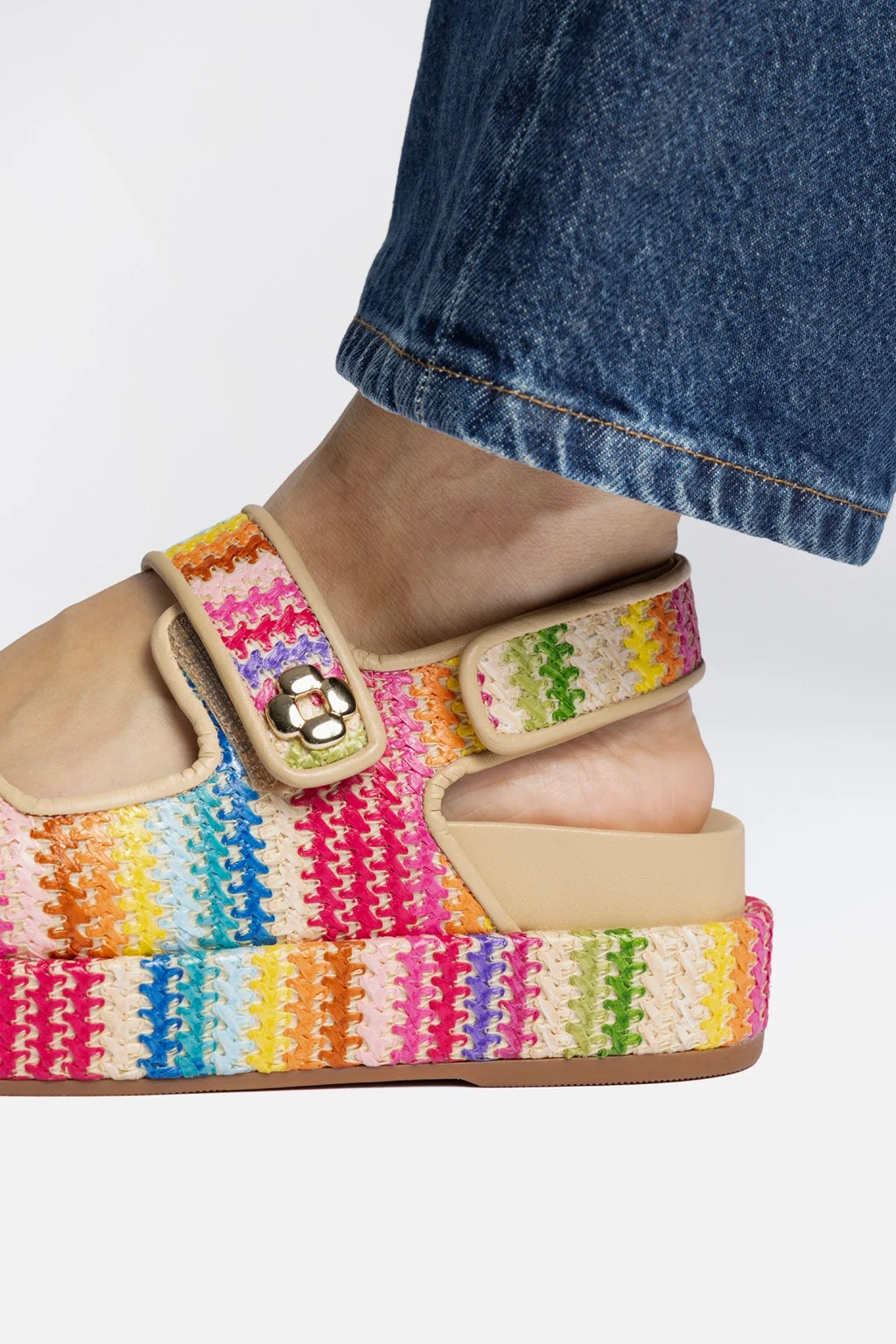 Rainbow Raffia and Beige Leather Platform Sandal