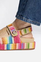 Rainbow Raffia and Beige Leather Platform Sandal