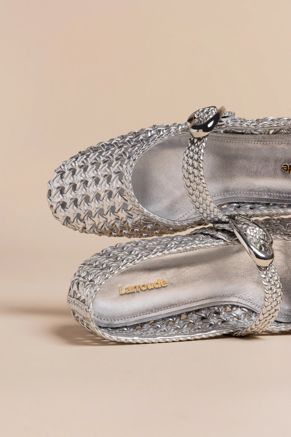 Silver Metallic Leather Macrame Mary-Jane Ballet Flat