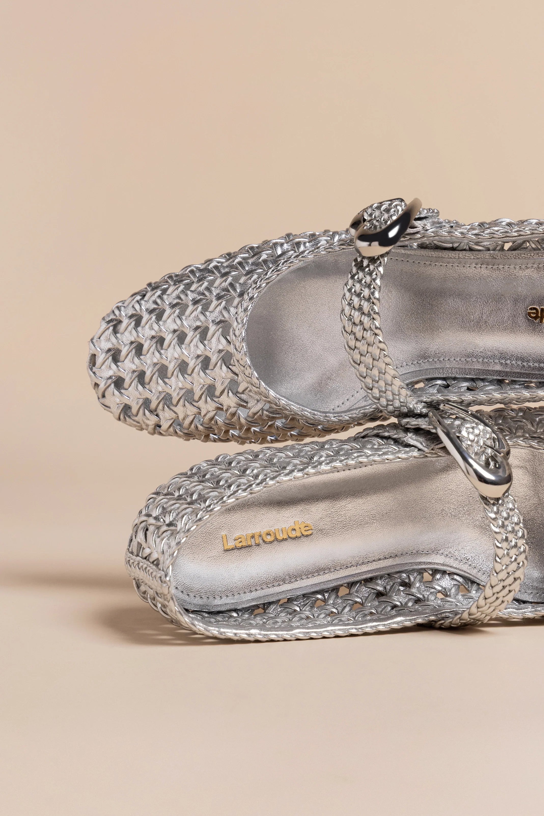Silver Metallic Leather Macrame Mary-Jane Ballet Flat