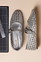 Silver Metallic Leather Macrame Mary-Jane Ballet Flat
